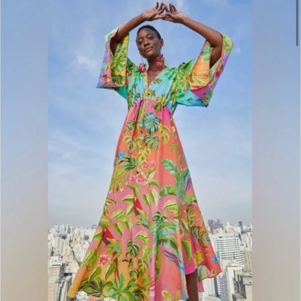 FARM Rio Multicolor Tropical Floral Maxi Dress - Pink, Green, Blue, Yellow